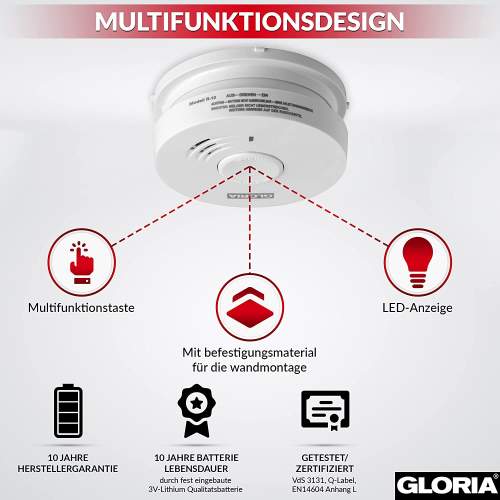 Gloria R-10 Rauchwarnmelder mit 10- Jahres Lithium Batterie, Rauchmelder